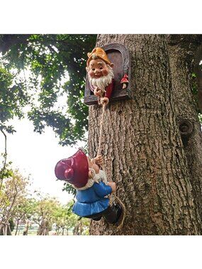 Cute Climbing Gnomes Tree Faces - Outdoor Garden Statue Decor, Resin Dwarf Art